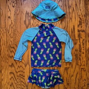 UV Skinz Girls Size 7 Blue Stripe Rainbow Pineapple Rashguard Swim Set UPF 50+